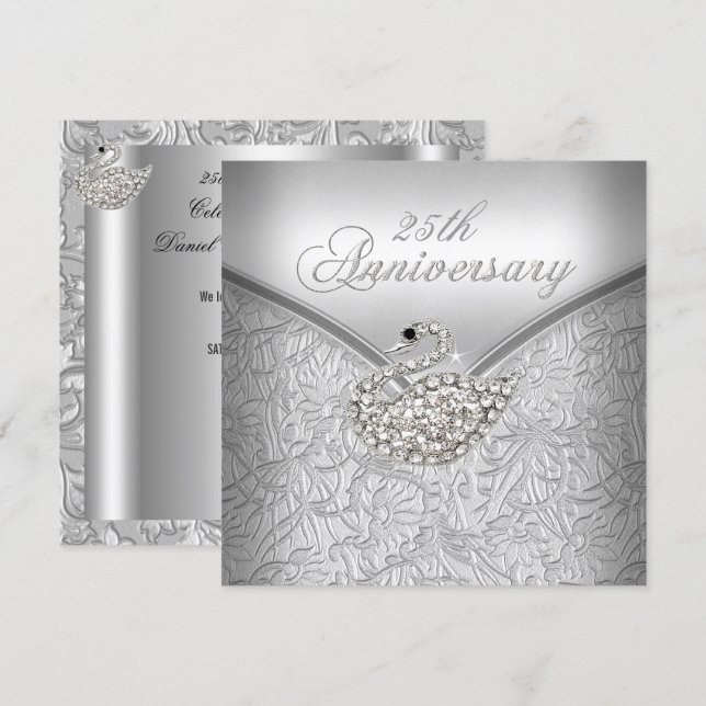 Elegant Silver Damask White Swan 25-jähriges Jubil Einladung (Vorne/Hinten)