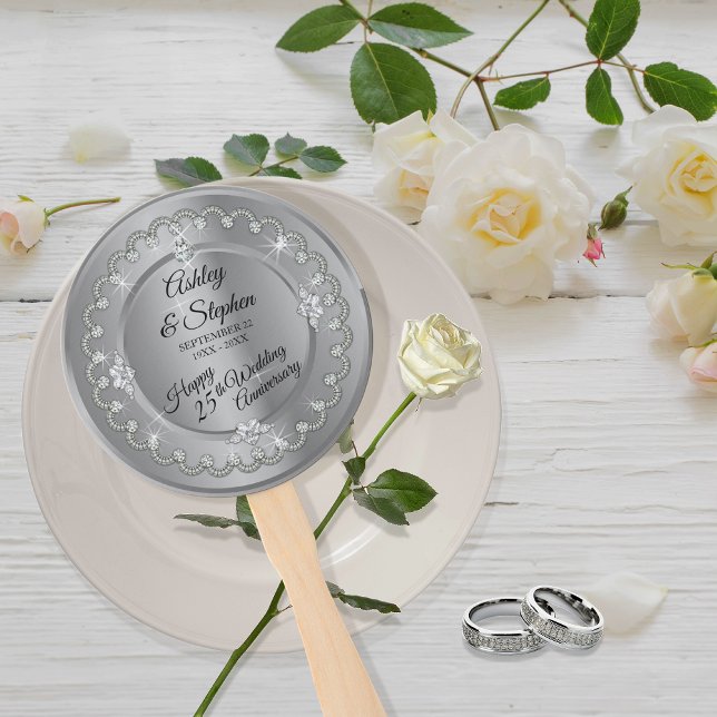 Elegant Silver Diamonds 25. Hochzeitstag Fächer (Elegant Faux Silver Diamonds 25th Wedding Anniversary Hand Fan)