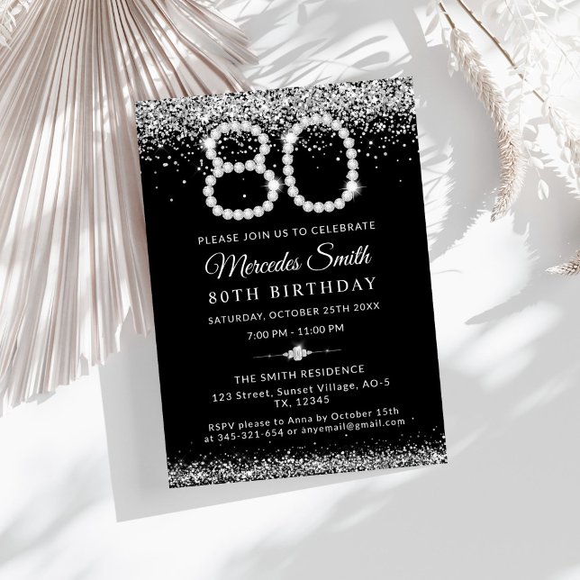 Elegant Silver Diamonds 80. Geburtstagsparty Einladung (Glam Silver Diamonds 80th Birthday Party Invitation )