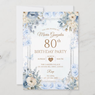 Elegant Silver & Dusty Blue Roses 80th Birthday Einladung