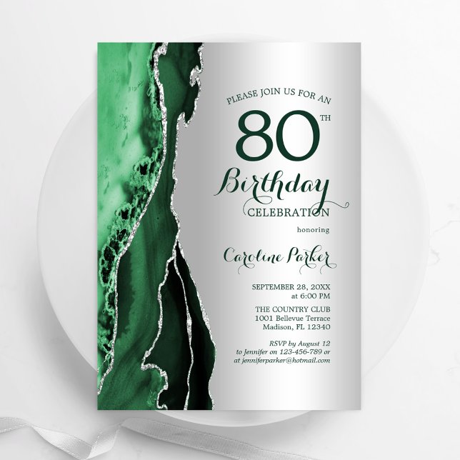 Elegant Silver Emerald Green Agate 80. Geburtstag Einladung (Von Creator hochgeladen)