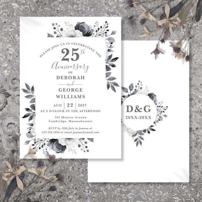 Elegant Silver Floral 25. Hochzeitstag Einladung (Elegant Silver Floral 25th Wedding Anniversary Invitation)