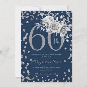 Elegant Silver Floral 60. Geburtstagspartei Marine Einladung