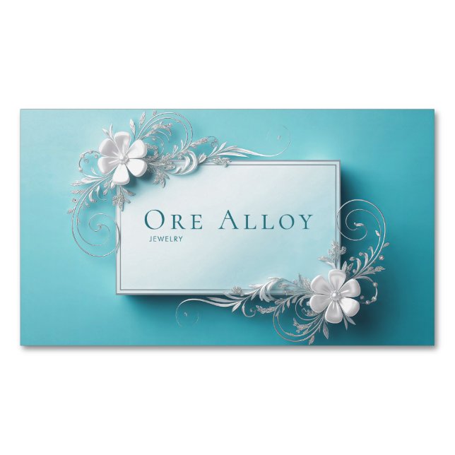 Elegant Silver Floral Filigree Aqua Blue Sophistic Magnetische Visitenkarte (Vorderseite)