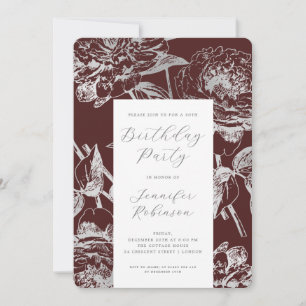 Elegant Silver Floral Geburtstagsparty Burgund Einladung