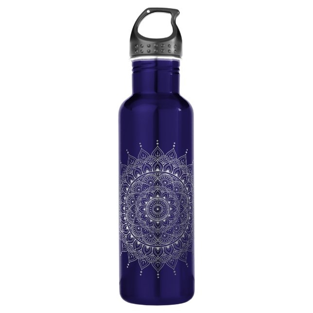 Elegant Silver Floral Henna Mandala Edelstahlflasche (Vorderseite)