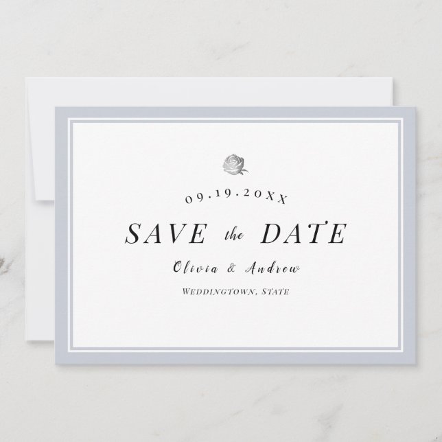 Elegant Silver Floral Minimalist Save the Date (Vorderseite)