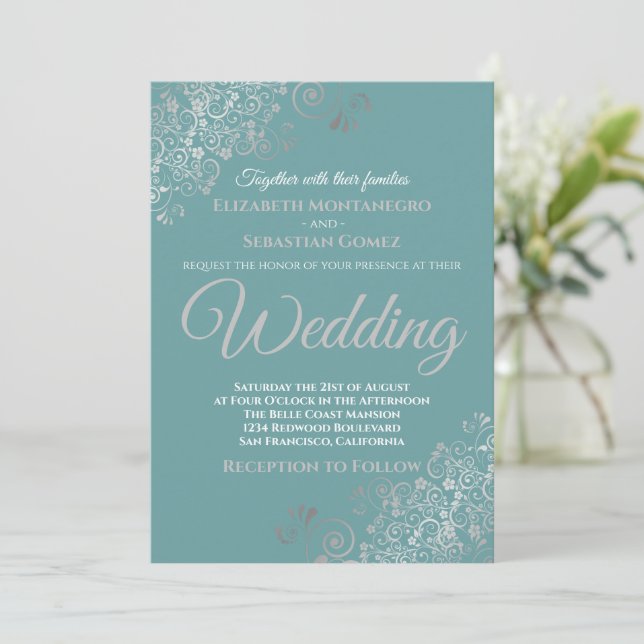 Elegant Silver Frills Aquamarin Wedding Einladung (Stehend Vorderseite)