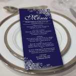 Elegant Silver Frills on Navy Blue Wedding Menükarte<br><div class="desc">Dieses schöne Menü wird Ihrem Hochzeitsempfang etwas mehr Stil verleihen. Es zeichnet sich durch ein wunderschönes Design aus, mit verzierten silbergrauen Imitaten und Wirbel auf marineblau-blauem Hintergrund. Es gibt Platz für die Namen des Paares und das Hochzeitstag, und der Text ist vollständig anpassbar. Elegant, elegant und glänzend, wird dieses Menü...</div>