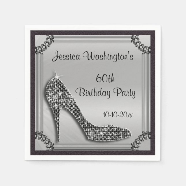 Elegant Silver Gerahmt Black Stiletto 60. Geburtst Serviette (Vorderseite)