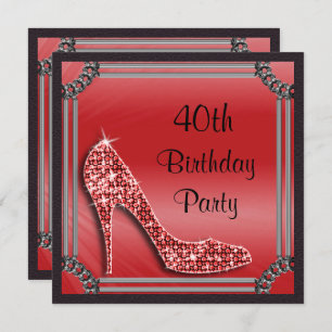 Elegant Silver Gerahmt Red Stiletto 40. Geburtstag Einladung