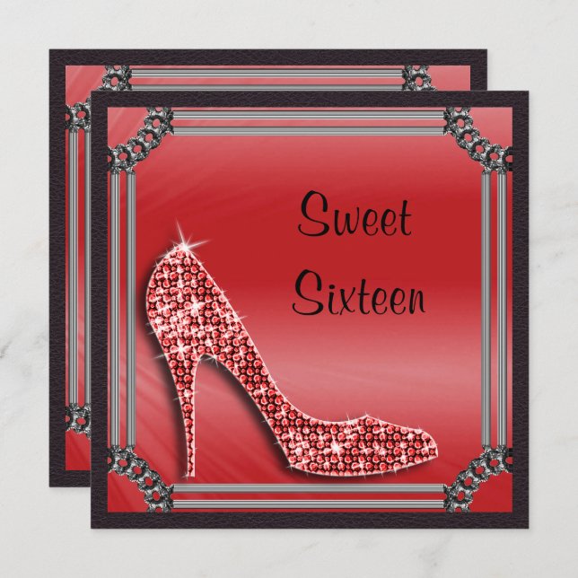 Elegant Silver Gerahmt Red Stiletto Sweet 16 Einladung (Vorne/Hinten)