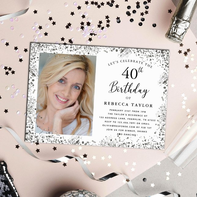 Elegant Silver Glitter 40th Birthday Einladung (Von Creator hochgeladen)