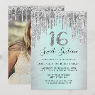 Elegant silver glitter drips sweet sixteen photo einladung