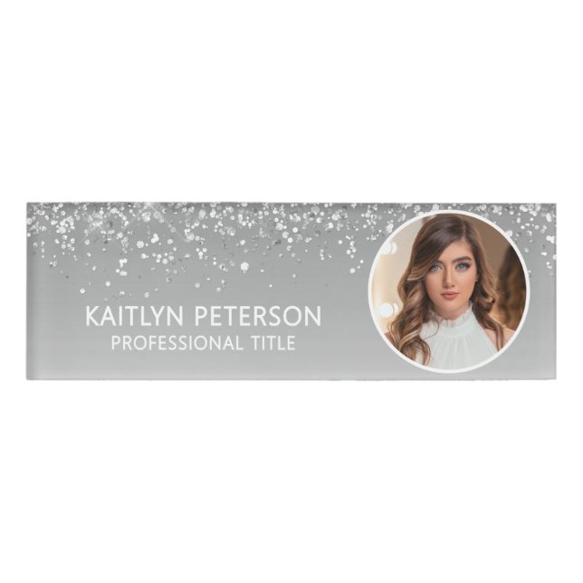 Elegant Silver Glitter Employee Photo ID Namenschild (Vorderseite)