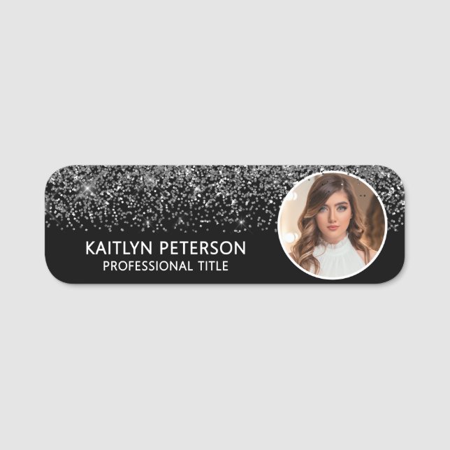 Elegant Silver Glitter Magnetic Employee Photo Namensschild (Vorderseite)