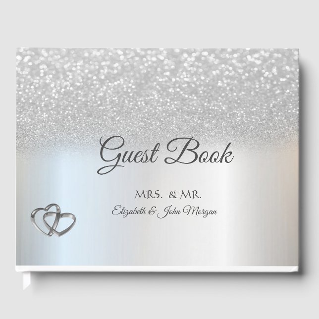 Elegant Silver Glitzer Bokeh Hearts Wedding Gästebuch (Vorderseite)
