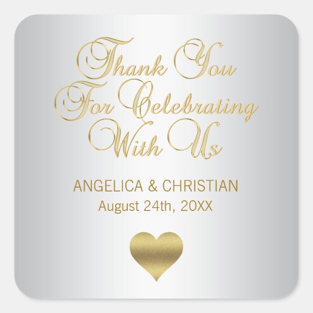 Elegant Silver & Gold Vielen Dank für Ihre Hochzei Quadratischer Aufkleber (Vorderseite)