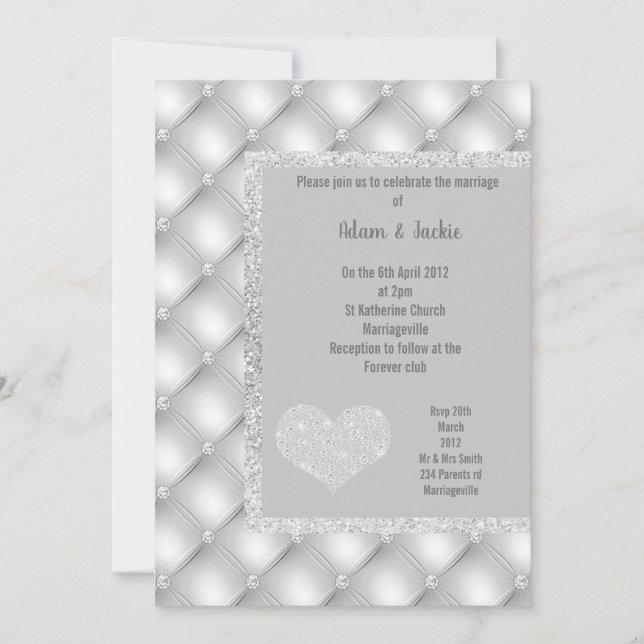 ELEGANT SILVER GRAY HERZ DIAMOND WEDD EINLADUNG (Vorderseite)