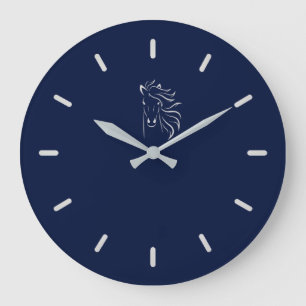Elegant Silver Gray Horse Silhouette on Navy Blue Große Wanduhr