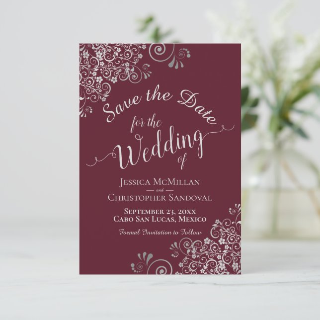Elegant Silver Gray Lace Frills Burgundy Wedding Save The Date (Stehend Vorderseite)