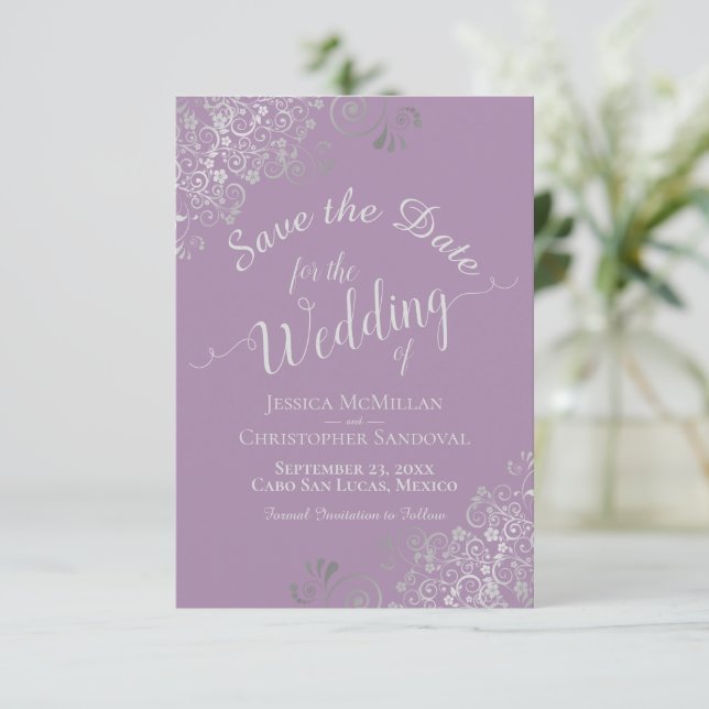 Elegant Silver Gray Lace Lavender Wedding Save The Date (Stehend Vorderseite)