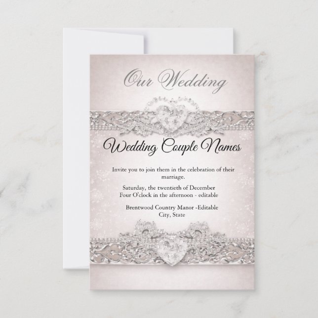 Elegant Silver Heart Wedding Invitations Einladung (Vorderseite)