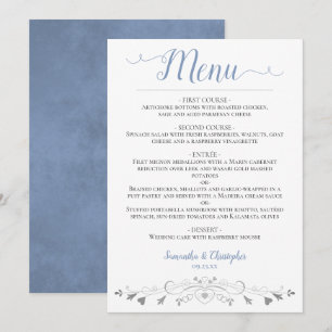 Elegant Silver Hearts Filigree Dusty Blue Wedding Menükarte