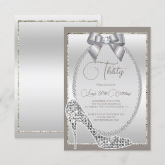 Elegant Silver Jewel Bow & Stiletto Geburtstag Einladung