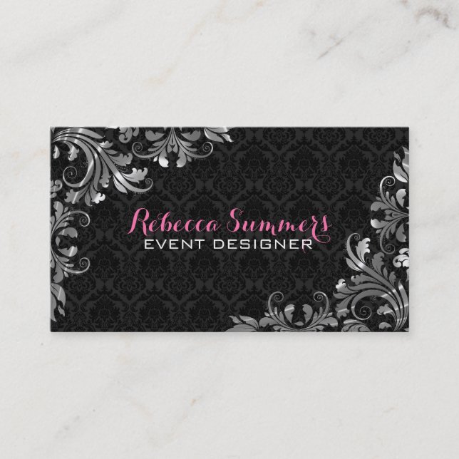 Elegant Silver Lace Black Damasks Visitenkarte (Vorderseite)