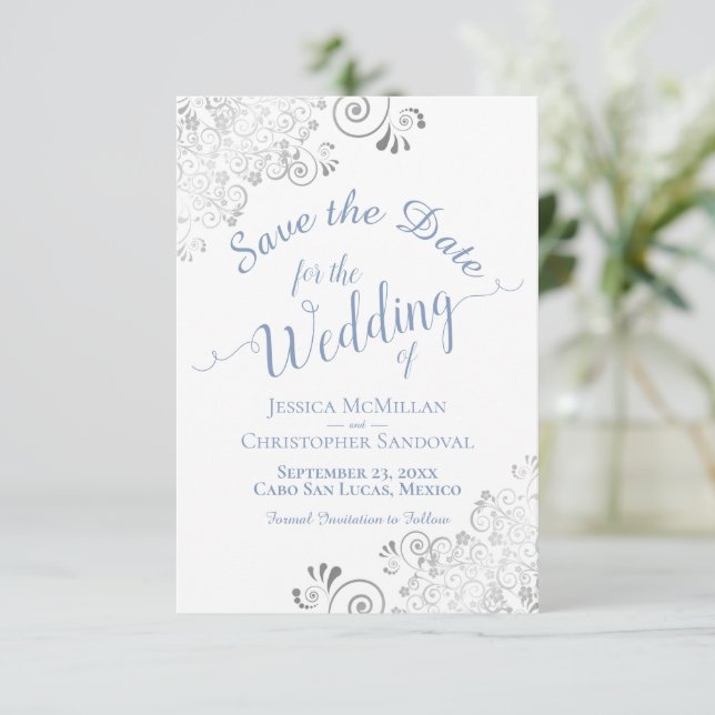 Elegant Silver Lace Periwinkle Blue White Wedding Save The Date (Stehend Vorderseite)