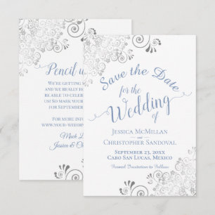Elegant Silver Lace Periwinkle Blue White Wedding Save The Date