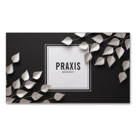 Elegant Silver Leaf Branch Minimalist Black Magnetische Visitenkarte