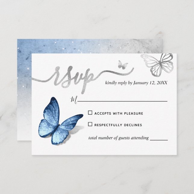 Elegant Silver Light Baby Blue Butterfly Wedding RSVP Karte (Vorne/Hinten)