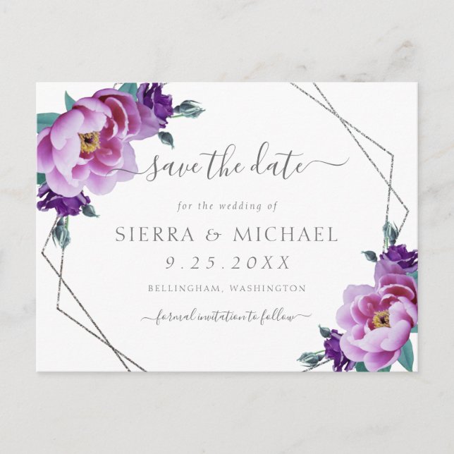 Elegant Silver Lila Peony Floral Save the Date Ankündigungspostkarte (Vorderseite)
