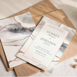 Elegant Silver Marble Rose Gold Wedding Einladung