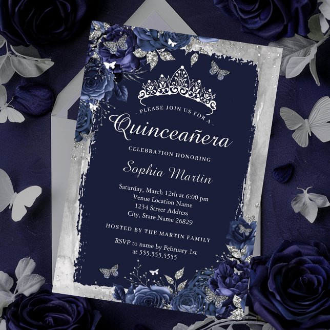 Elegant Silver Navy Blume Quinceanera Folieneinladung (Von Creator hochgeladen)