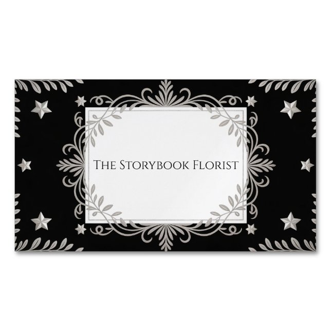 Elegant Silver Ornate Star & Leaf Black Celestial Magnetische Visitenkarte (Vorderseite)
