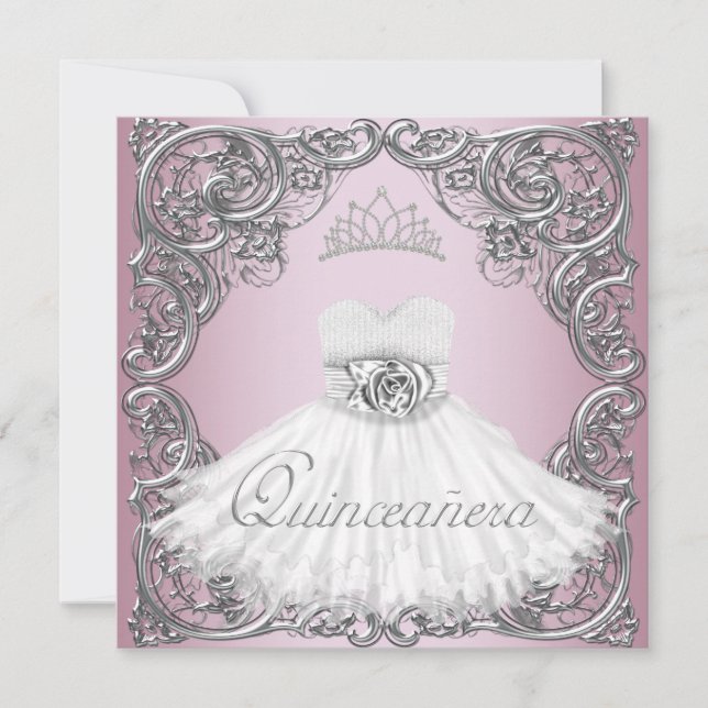 Elegant Silver Pink Quinceanera Einladungen (Vorderseite)