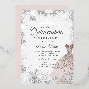 Elegant Silver Pink Winter Snowflake Quinceanera Folieneinladung