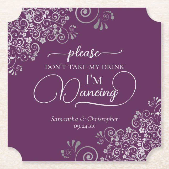 Elegant Silver & Plum Don't Take My Drink Wedding Untersetzer (Vorderseite)