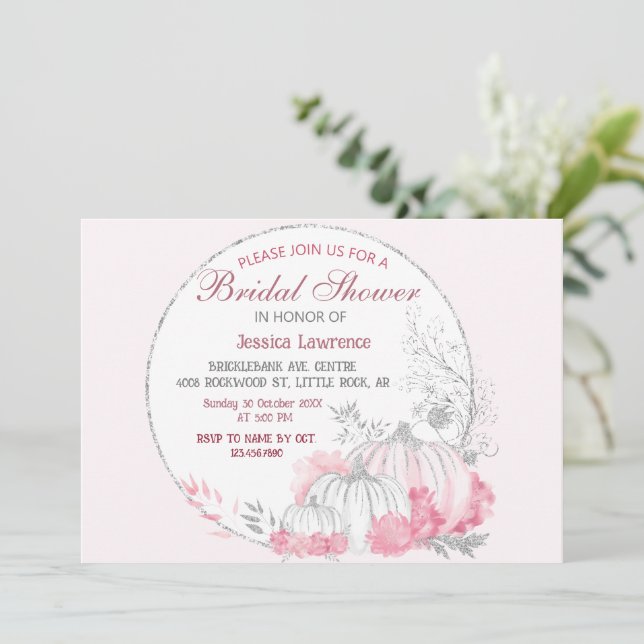 Elegant Silver Pumpkin Pink Floral Einladung (Stehend Vorderseite)