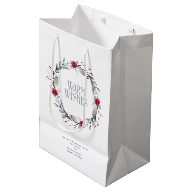 Elegant Silver Red Wreath Festival Mittlere Geschenktüte (Vorderseite Schrägansicht)
