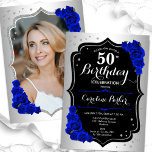 Elegant Silver Royal Blue Foto 50. Geburtstag Einladung<br><div class="desc">Elegante florale feminine 50. Geburtstagseinladung mit Ihrem Foto auf der Kartenrückseite. Glam-Design mit Imitaten Silber. Enthält königsblaue Rose,  Skript-Schriftart und Konfetti. Ideal für ein stilvolles Party für Erwachsene. Personalisieren Sie Ihre persönlichen Daten. Kann für jedes Alter angepasst werden! Gedruckte Zazzle Einladungen oder Sofortdownload digitalen druckbaren Vorlage.</div>