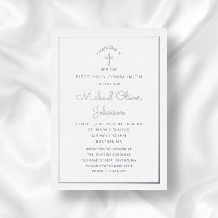 Elegant Silver Script First Communion Folieneinladung