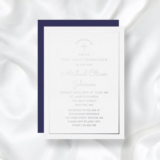 Elegant Silver Script Navy Blue First Communion Folieneinladung (Elegant Silver Script Navy Blue First Communion Foil Invitation)
