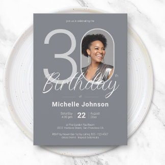 Elegant Silver White Custom Photo 30th Birthday Einladung