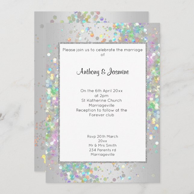 ELEGANT SILVER WHITE HOLOGRAPHIC PASTEL WEDING EINLADUNG (Vorne/Hinten)
