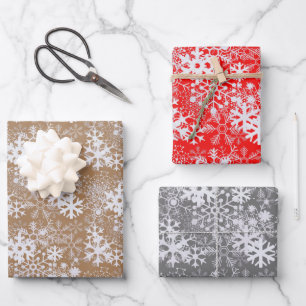 Elegant Silvery Christmas Snowflakes Kraft Brown Geschenkpapier Set