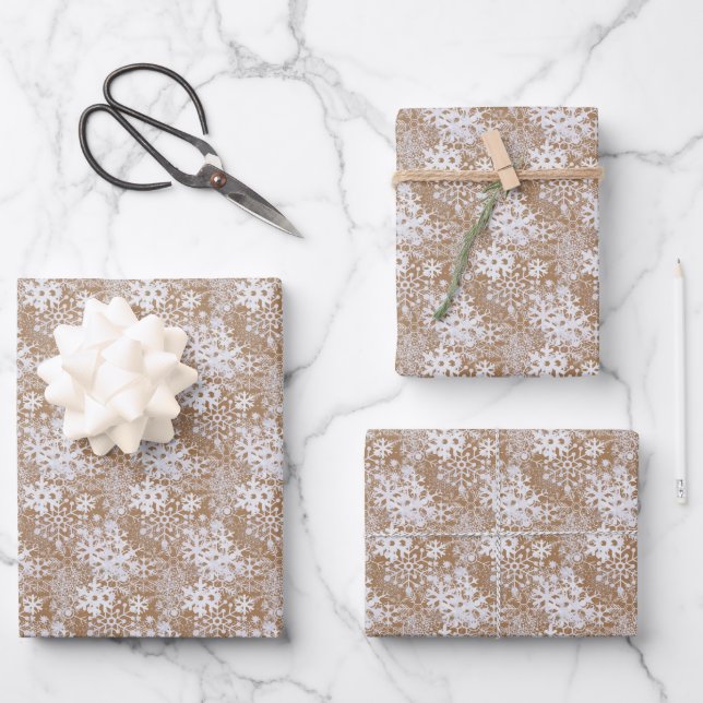 Elegant Silvery White Snowflakes Kraft Brown Geschenkpapier Set (Vorderseite)